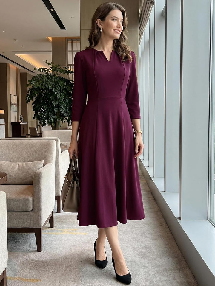 Allegra K Damen 3/4-Ärmeln A-Linie V-Ausschnitt Business Kleid Taschen Arbeit Elegant Midikleid M Du