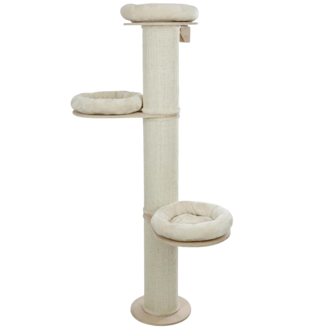 RL24 - Kratzbaum K2 – Katzenbaum mit 3 Plattformen & Plüschkissen in beige – mit Sisalteppich an der