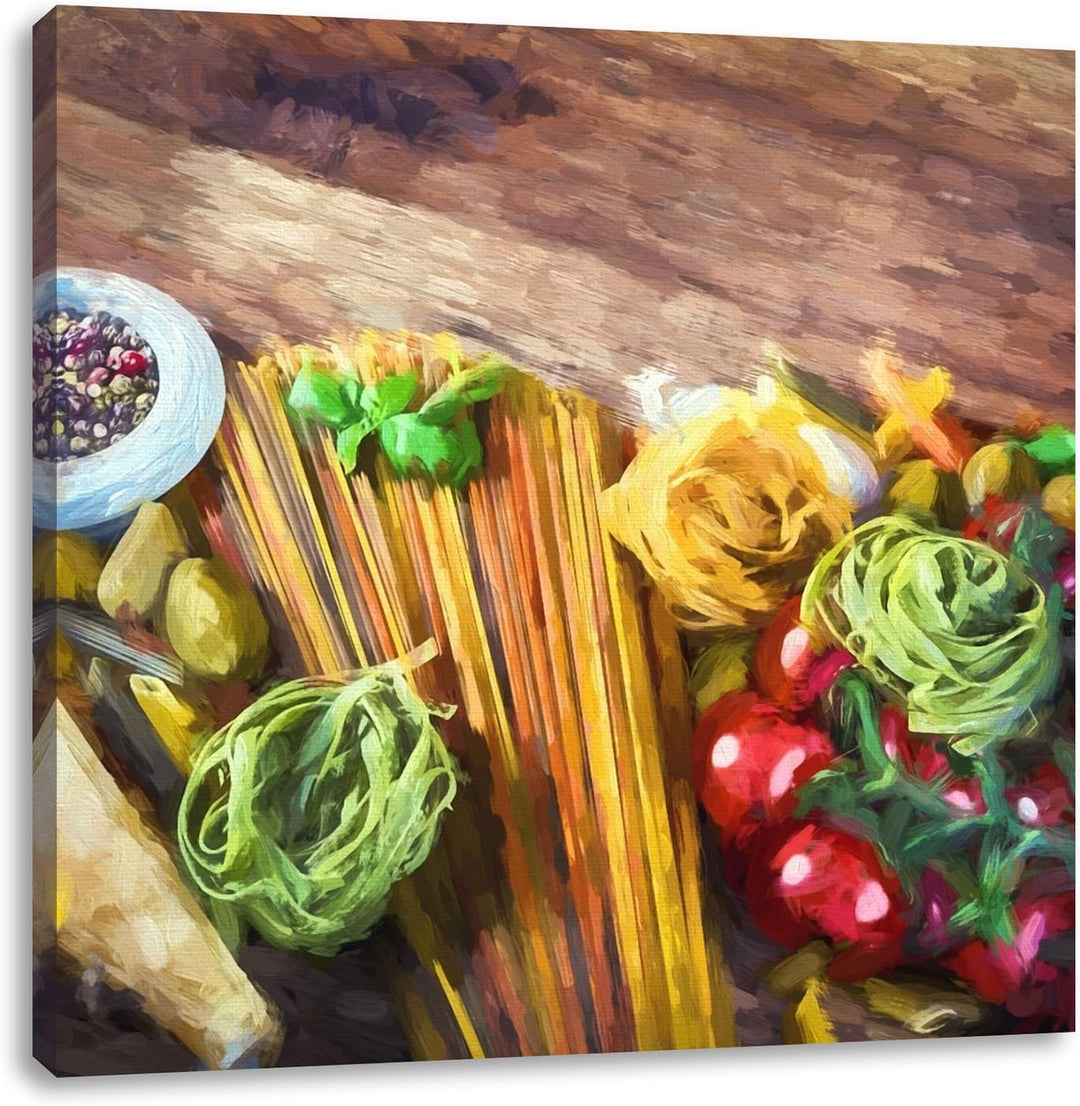 Nudeln mit Leckeren Zutaten, Format: 70x70 als Leinwandbild, tolle Bilder fertig auf Holzrahmen gesp