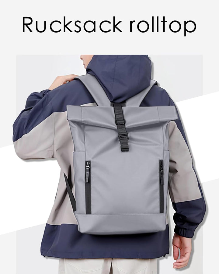 Rolltop Rucksack Herren Wasserdicht Grau Laptop Rucksack mit Computerfach 16 Zoll Elegant Reiserucks