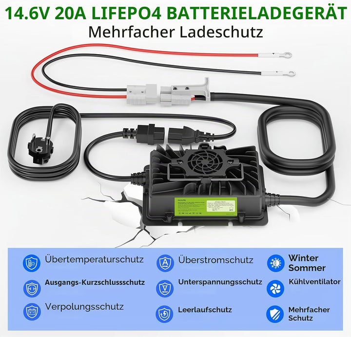20 A LiFePO4 Batterieladegerät, 12 V/12,8 V Lithium-Batterie-Ladegerät mit Anderson-Anschluss, LED-A