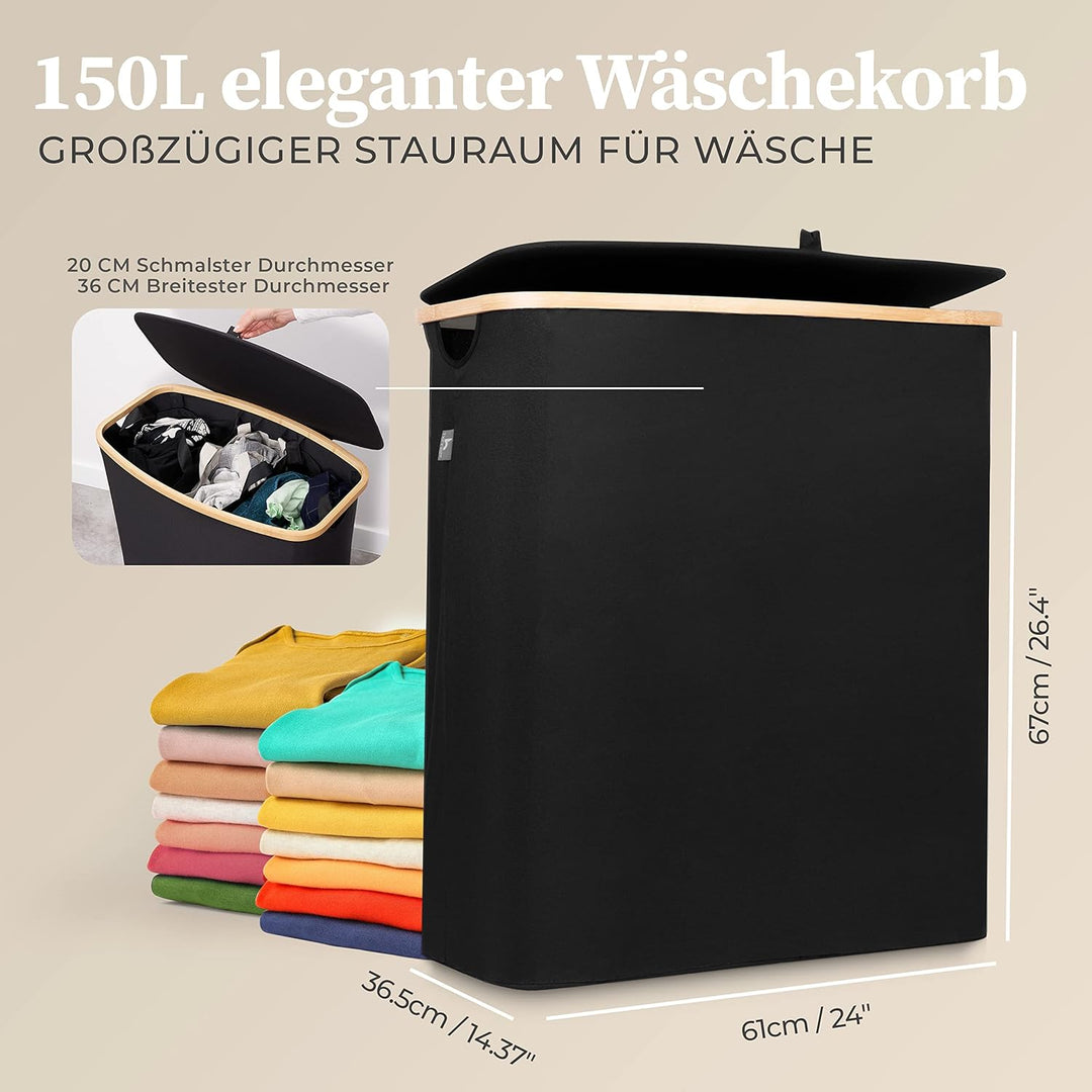 Hennez Wäschebox 150L - Wäschekorb 3 Fächer - mit Deckel - Wäschesortierer mit Wäschesack - Laundry