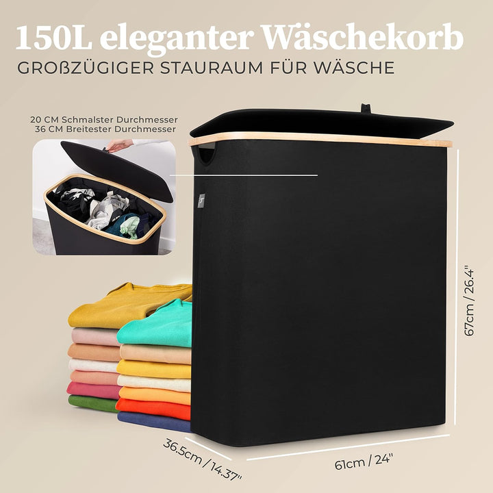 Hennez Wäschebox 150L - Wäschekorb 3 Fächer - mit Deckel - Wäschesortierer mit Wäschesack - Laundry