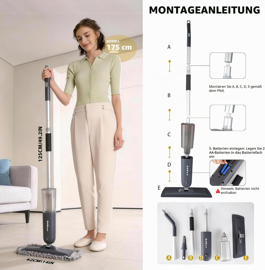 DARIS Bodenreinigungsmopp, Sprühmopp, Flachmopp für trocken und nass, mit Sprühfunktion, 1x 700 ml n