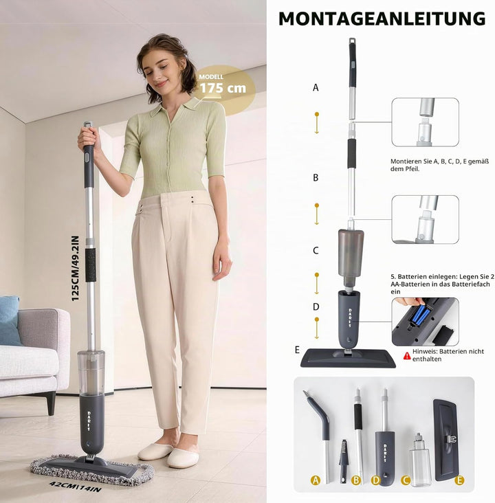 DARIS Bodenreinigungsmopp, Sprühmopp, Flachmopp für trocken und nass, mit Sprühfunktion, 1x 700 ml n
