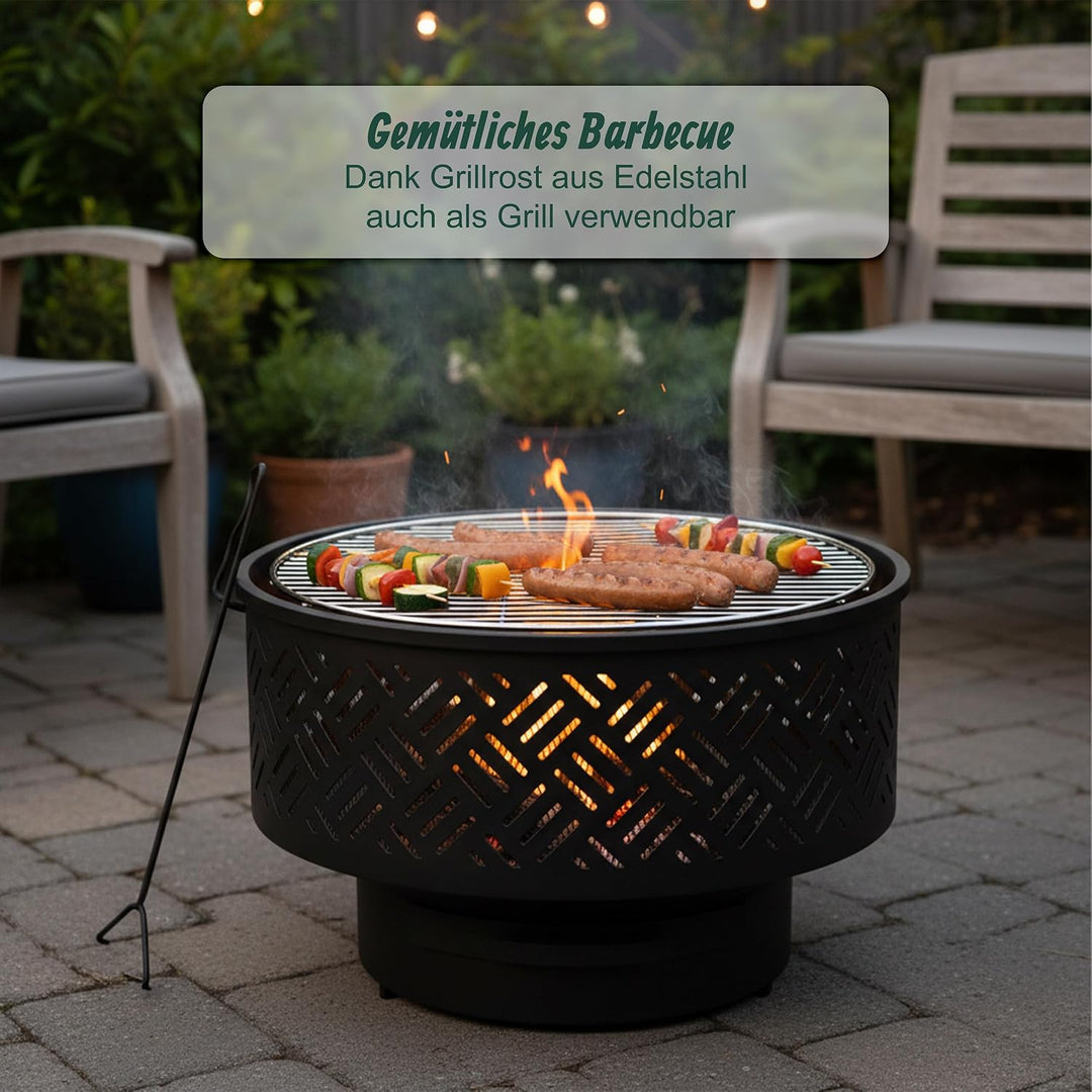 Relaxdays Feuerschale, Ø 66 cm, mit Grillrost, Deckel, Schürhaken &amp; wasserdichter Abdeckung, Feuerst