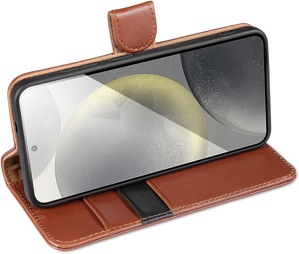 LENSUN Hülle für Samsung Galaxy S25 Echtleder, Handyhülle [Echtes Leder] [Standfunktion] [RFID Schut