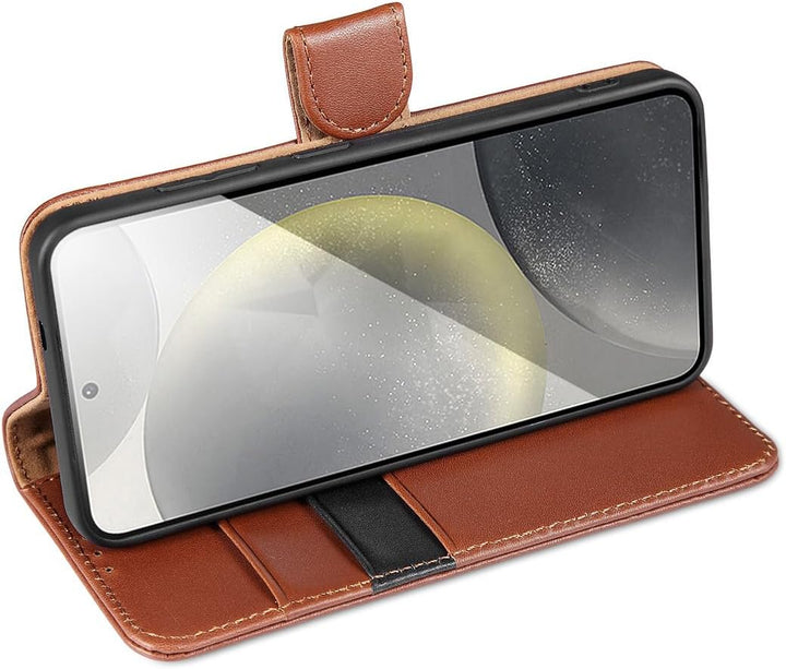LENSUN Hülle für Samsung Galaxy S25 Echtleder, Handyhülle [Echtes Leder] [Standfunktion] [RFID Schut