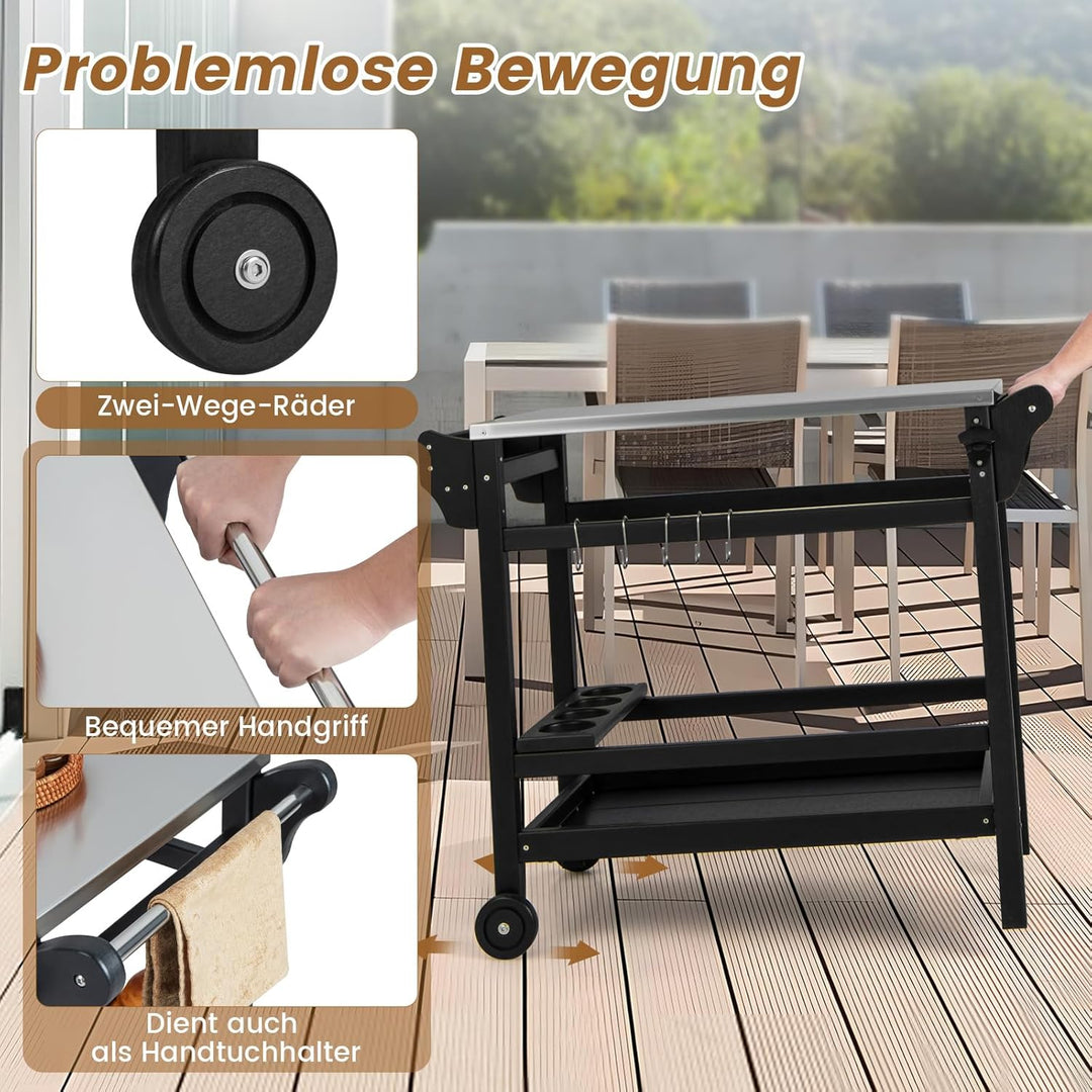 COSTWAY Grillwagen aus HDPE, Grilltisch mit Gewürztablett, Weinflaschenregal, Griff & 2 Rollen, Arbe