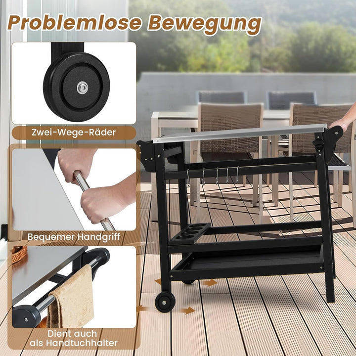 COSTWAY Grillwagen aus HDPE, Grilltisch mit Gewürztablett, Weinflaschenregal, Griff & 2 Rollen, Arbe