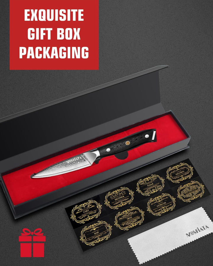 MOSFiATA 3,5 Zoll Damast Schälmesser Obstmesser Scharf Gemüsemesser, VG10 Damaszener Stahl, Geschenk