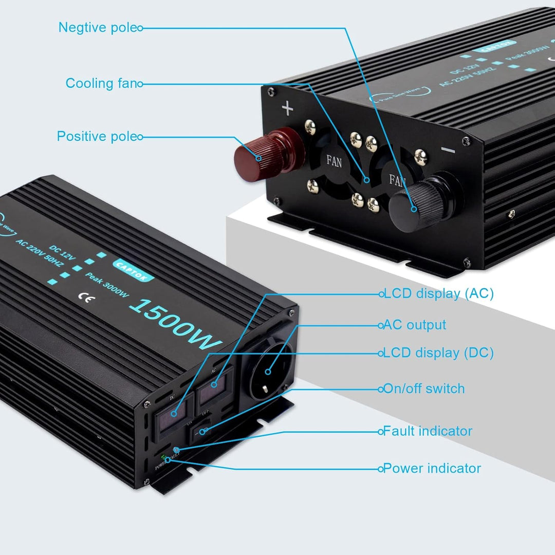 Spannungswandler 1500W/3000W Reiner Sinus-Wechselrichter DC 12V auf AC 230V EU-Steckdose Doppel-LCD-