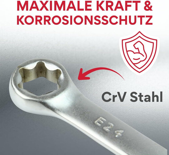 Aussen Torx Ringschlüssel Set E6–E24 CrV Stahl | E-Torx 4 Doppelringschlüssel in 8 Grössen | Präzise