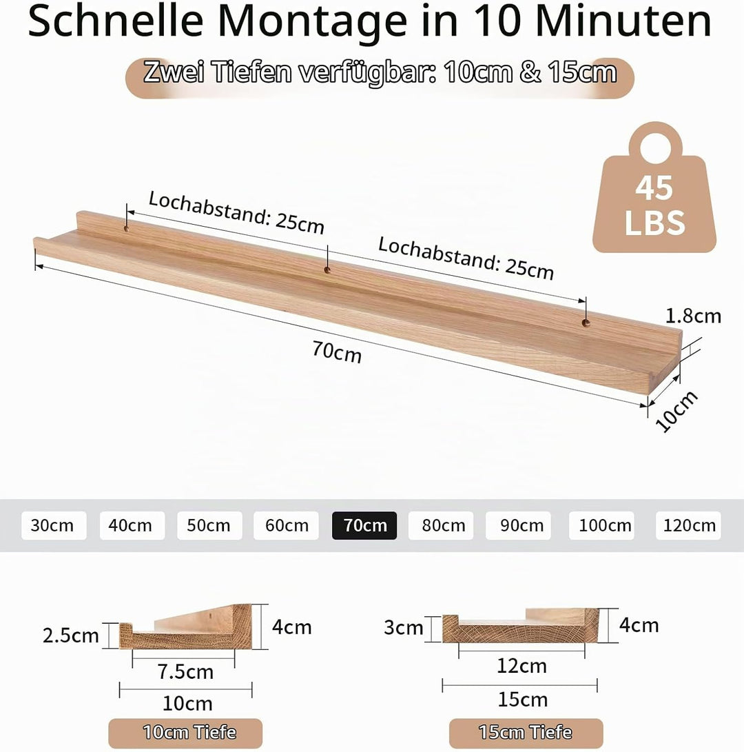 Bilderleiste Holz,70cm Eiche Wandregal Holz Regal Massiv Schweberegal gewürzregal regalbrett Hängere