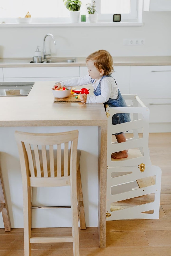 Weco Kinder-Lernturm 3 in 1 Streifendesign mit Rutsche Schreibtisch Rutsche Montessori Möbel Küchenh