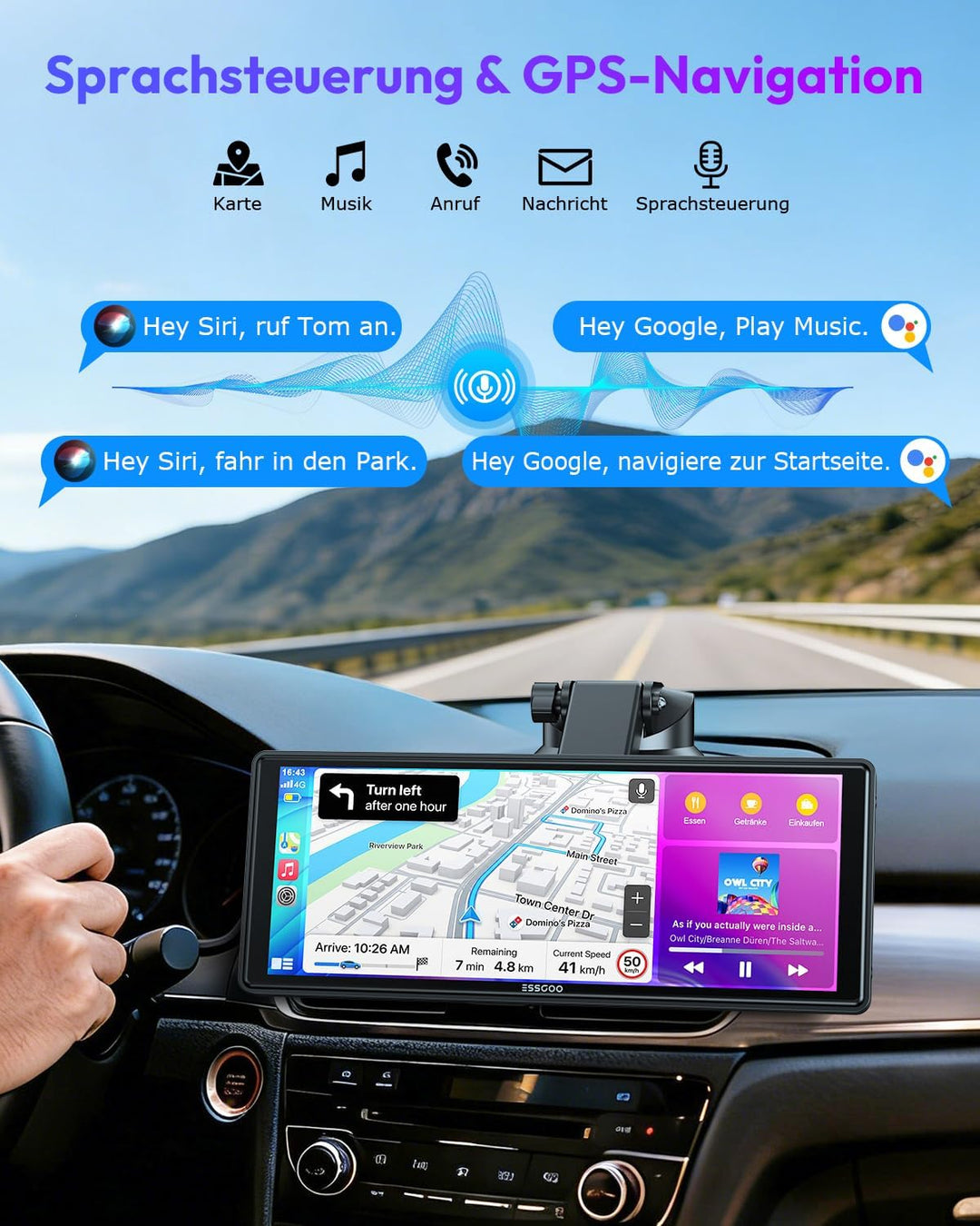 ESSGOO Carplay Android Auto Display mit Rückfahrkamera,10.26 Zoll Apple Carplay Bildschirm für Andro