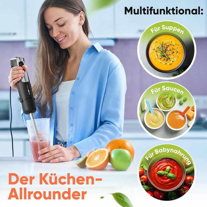 Clatronic Stabmixer 800W mit Turbo-Funktion | Pürierstab mit Edelstahlmesser | 12 Stufen | für Babyn