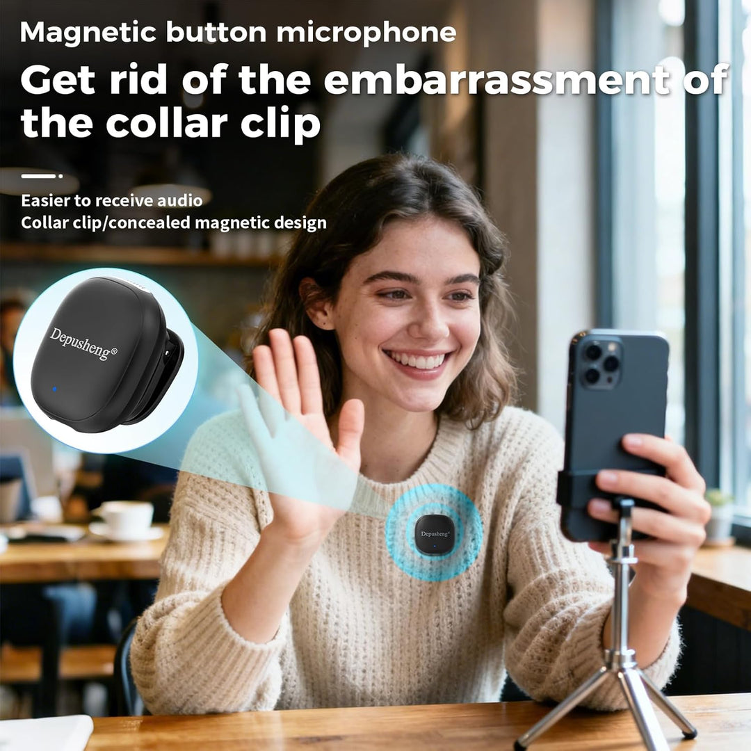 Depusheng V2 2 Stück kabelloses Lavalier-Mikrofon für iPhone, iPad und Android mit Ladecase, 8 Stund