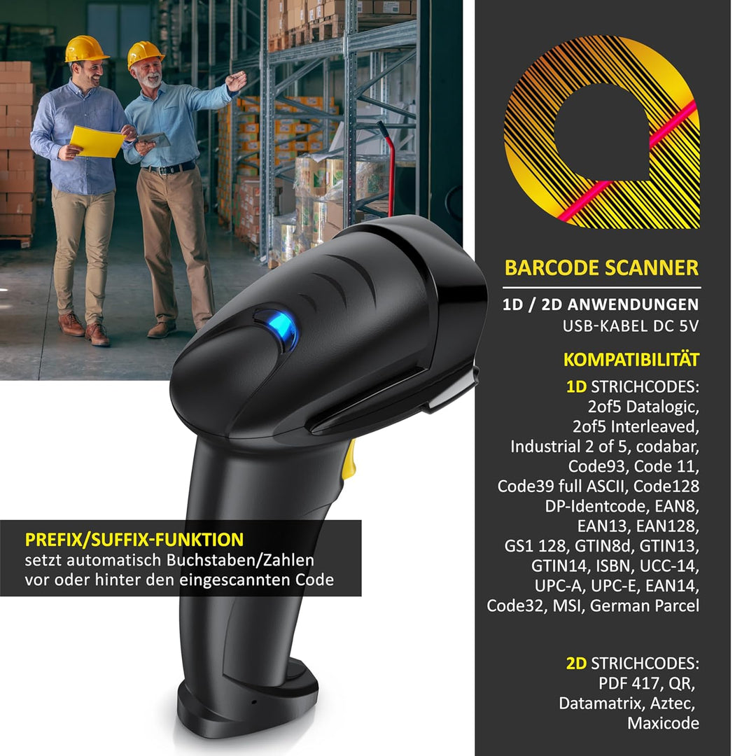 CSL - Barcode Scanner 1D 2D QR kabelgebunden – Single und Multi Scan - Bildschirm scannen - QR-Code