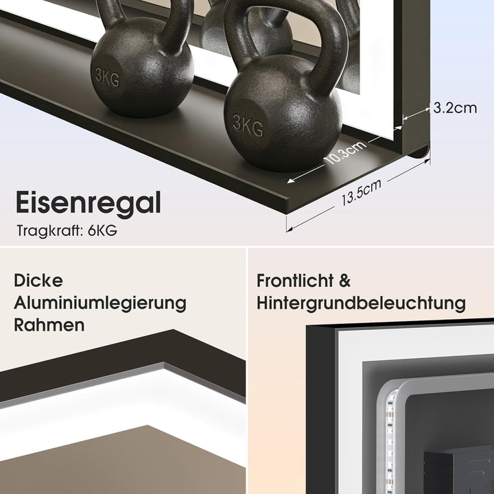 STARLEAD 90 x 120 cm Badespiegel-mit-Beleuchtung & Ablage, Entnebelung, Dimmbar, 3 Farbene Badzimmer