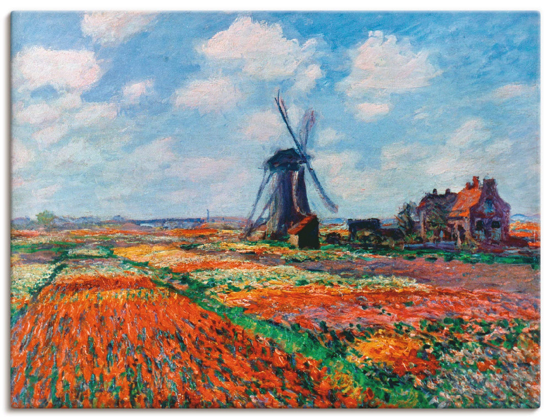 ARTland Leinwandbilder Wandbild Bild auf Leinwand 80x60 cm Wanddeko Idyll Dorf Windmühle Blumen Tulp