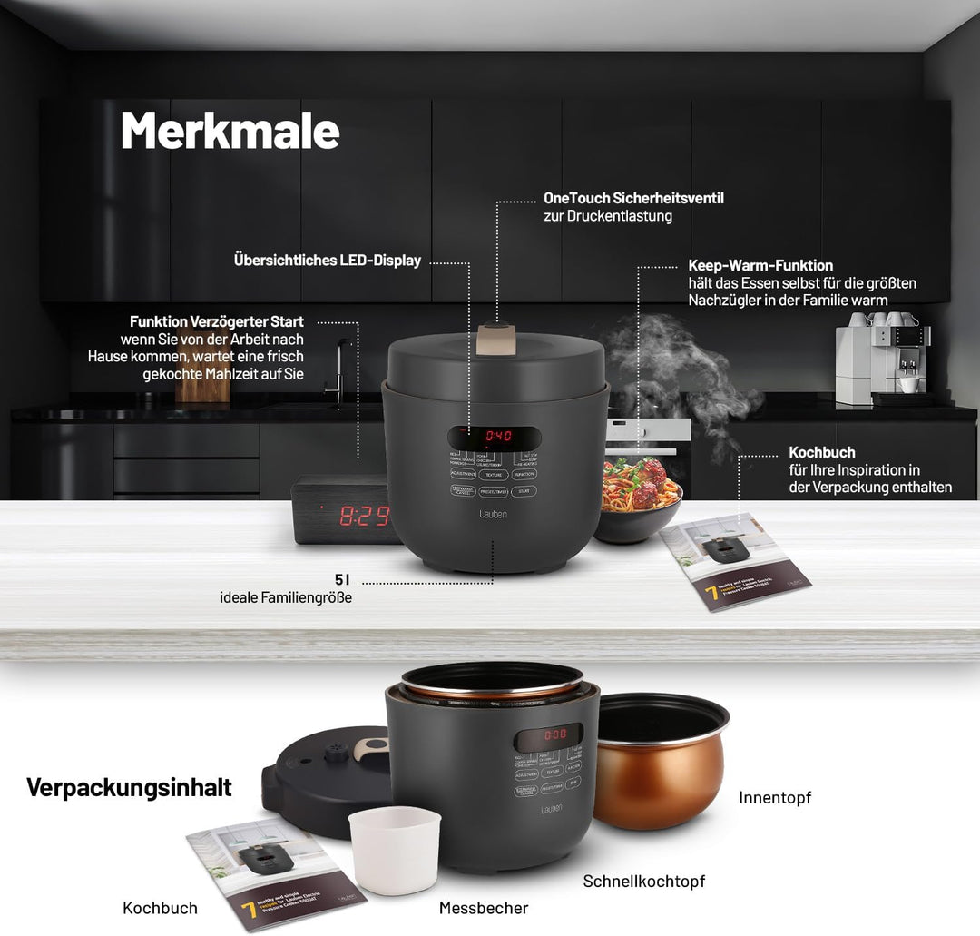 Lauben Schnellkochtopf 5000AT Electric Pressure Cooker mit einem Fassungsvermögen von 5 l, 9 Program