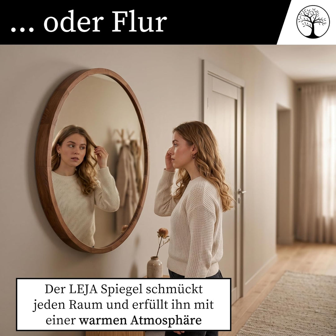 Wandspiegel mit Holzrahmen (∅80 cm) - Spiegel Rund Holz Dunkle Eiche - Runder Bad Spiegel für Badezi