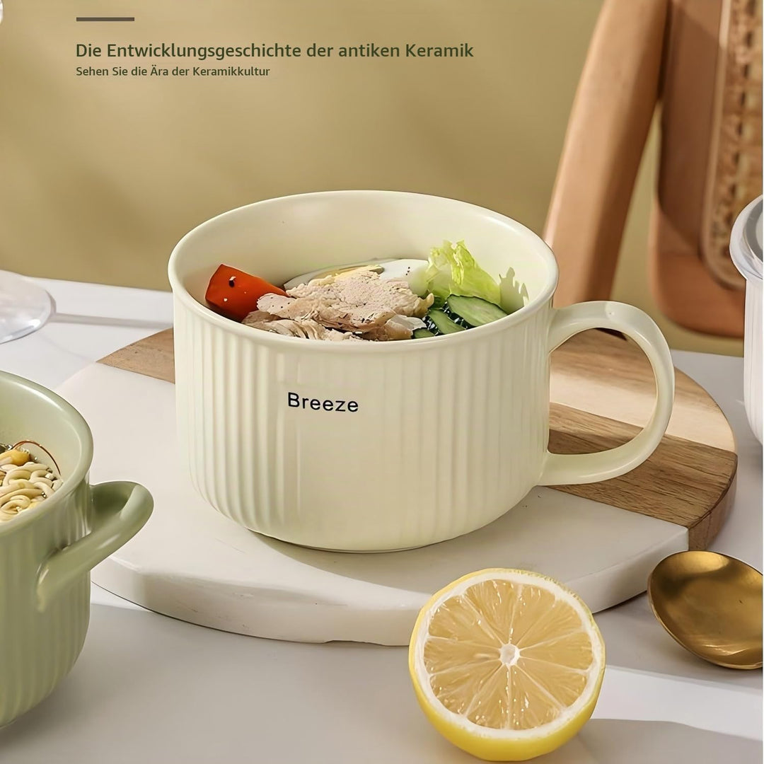 Keramik Suppenschalen mit Griff und Deckel, 750 ml Grosse Suppentasse für Suppe, Instant-Nudel, Müsl