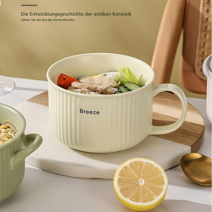 Keramik Suppenschalen mit Griff und Deckel, 750 ml Grosse Suppentasse für Suppe, Instant-Nudel, Müsl