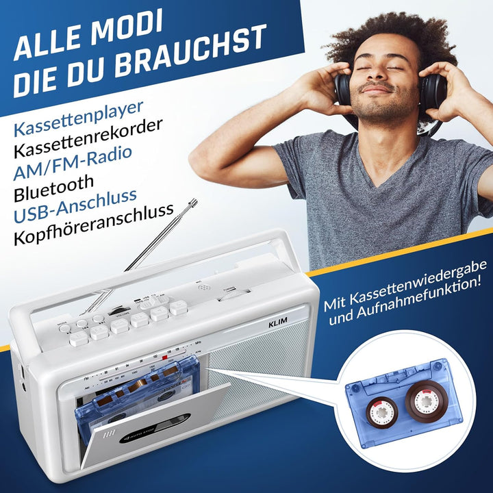 KLIM Tragbare Kassettenspieler Boombox, AM/FM Radio, Bluetooth Radio, Cassette Player & Kassettenrec