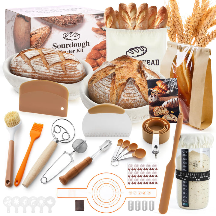VIcus Sauerteig Starter Set, Gärkörbchen Rund & Oval, Brotbackzubehör Für Sauerteigbrot, Komplettes