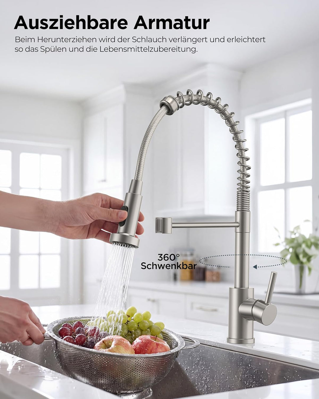 FORIOUS Wasserhahn Küche, Hoher Bogen Hochdruck Küchenarmatur mit Herunterziehen Brause Armatur, Mis