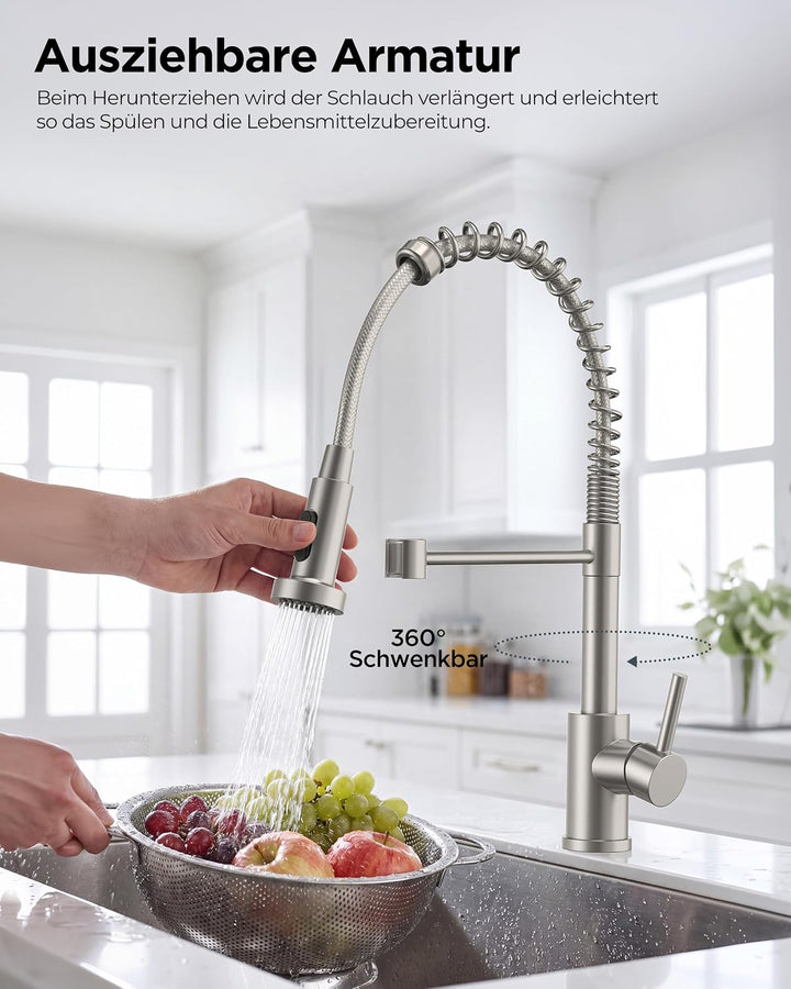 FORIOUS Wasserhahn Küche, Hoher Bogen Hochdruck Küchenarmatur mit Herunterziehen Brause Armatur, Mis