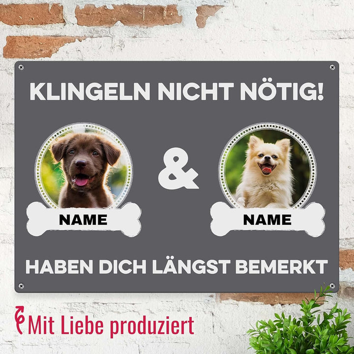 Hunde Schild personalisiert - Klingeln nicht nötig - Metallschild mit Foto und Name für aussen, wett
