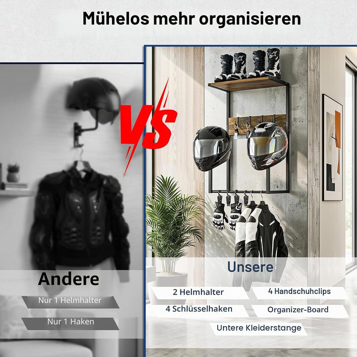 Housolution Motorradhelm Wandhalterung, Helmhalterung mit 4 Handschuhchips und 4 Haken für Reitanzüg