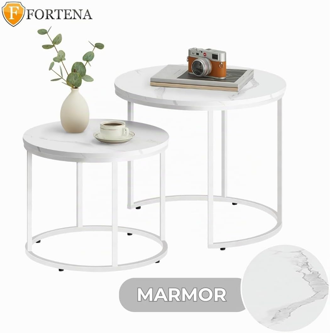 FORTENA 2er Set Couchtische, Schwarze oder goldene Metallbeine, Industrial-Stil, Raund (Marmor – Wei