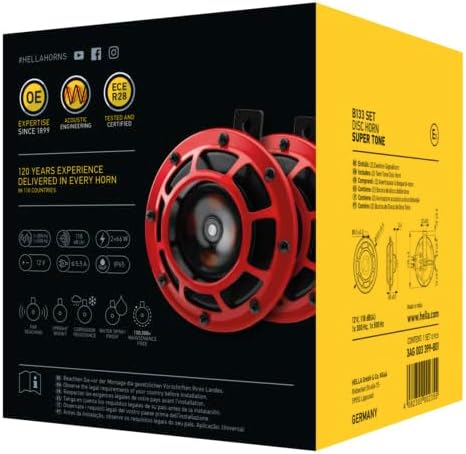 HELLA 3AG 003 399-801 Horn - B133 - 12V - Frequenzbereich: 300/500Hz - Starkton - Gehäusefarbe: rot/