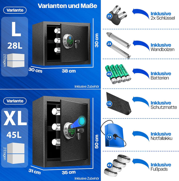 KESSER® Elektr. Tresor mit Fingerabdruck &amp; Schlüssel L | Inkl. Notfallakku | Elektronischer Safe | 3