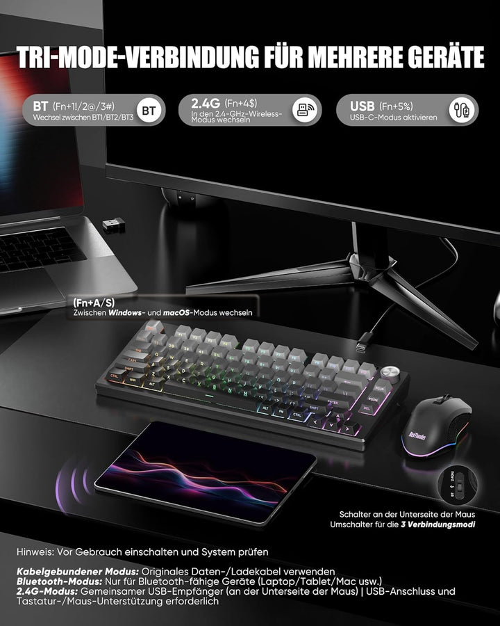 RedThunder K75 Gaming Tastatur und Maus Set Kabellos, 75% US Layout, Seitliche TKL Membrantastatur,