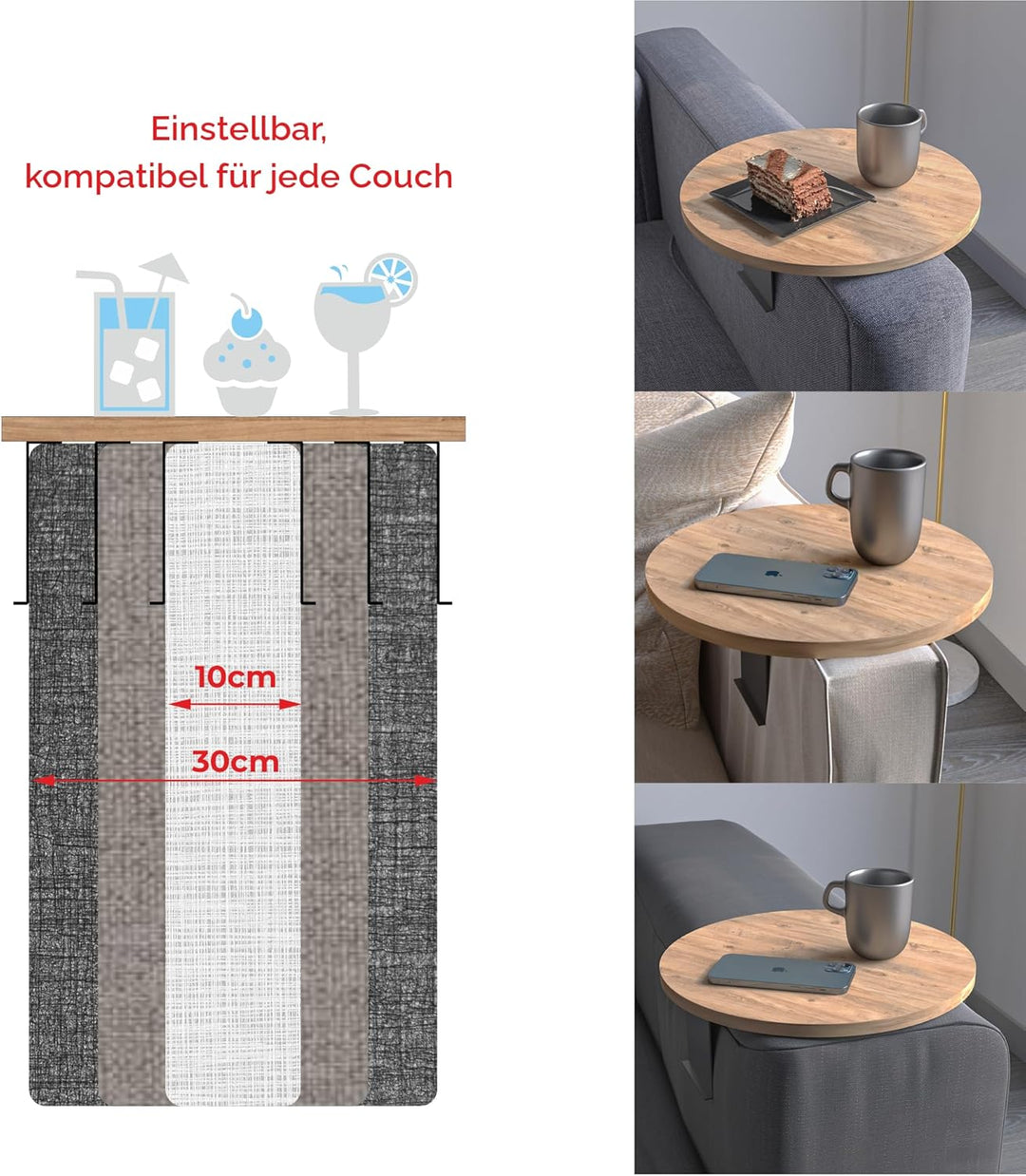 sugodesign Couch-Tablett Armlehne, Einstellbarer Sofa-Tablett, Getränkehalter, spezielles Design pra