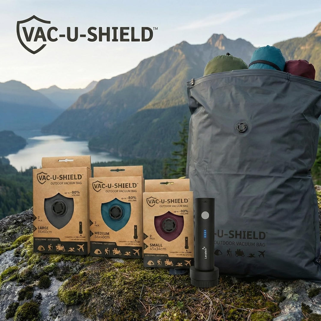 Vac-U-Shield 6 Vakuumbeutel + Vac-U-Pump, 3 Grössen S M L, Outdoor-Set | 6 Outdoor-Beutel (S M L) +