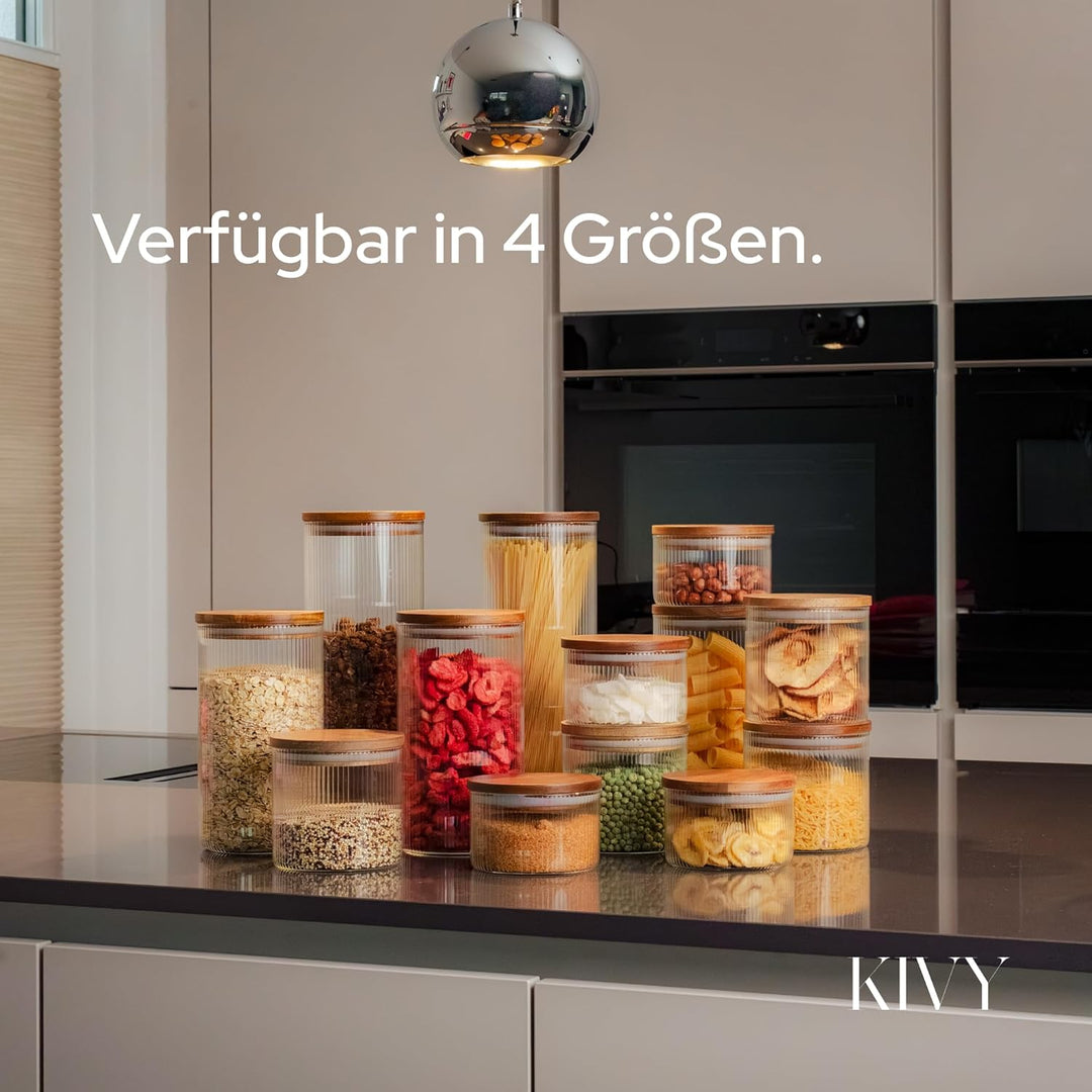 KIVY Riffel Vorratsgläser mit Deckel - 4 x 350ml - Kleine Vorratsdosen mit Akaziendeckel - Vorratsdo