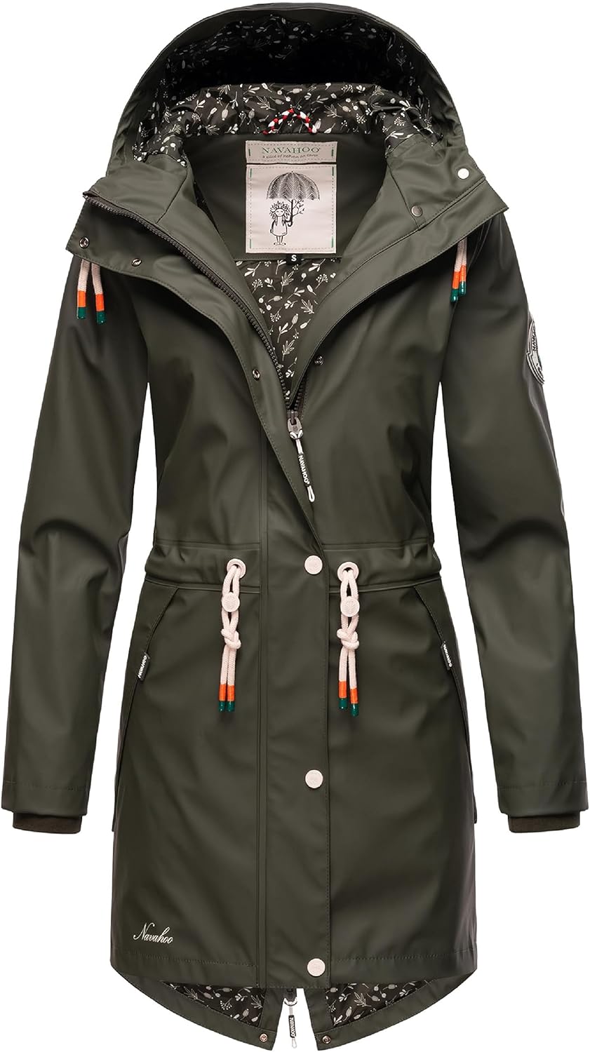 Navahoo Damen Übergangsjacke Regenmantel wasserdicht lang mit Kapuze Tropical Stormoo XS-3XL S Oliv,