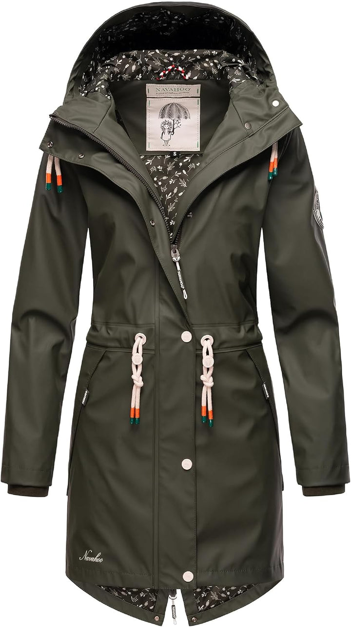 Navahoo Damen Übergangsjacke Regenmantel wasserdicht lang mit Kapuze Tropical Stormoo XS-3XL S Oliv,