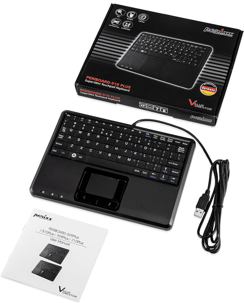 Perixx PERIBOARD-510 H Plus Super Mini Touchpad Tastatur USB mit 2-Fach USB Hub schwarz Layout: Deut