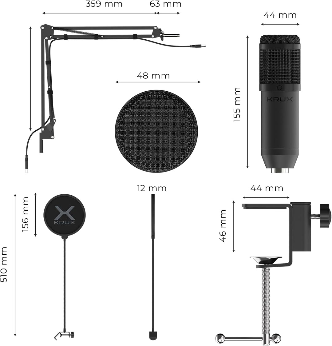 KRUX Edis 1000, Computermikrofon mit verstellbarem Arm, 2.9 m USB-Kabel, Poppfilter, Stossschutzkorb