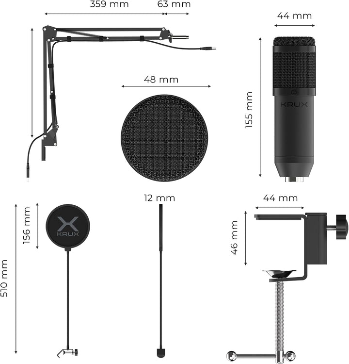 KRUX Edis 1000, Computermikrofon mit verstellbarem Arm, 2.9 m USB-Kabel, Poppfilter, Stossschutzkorb