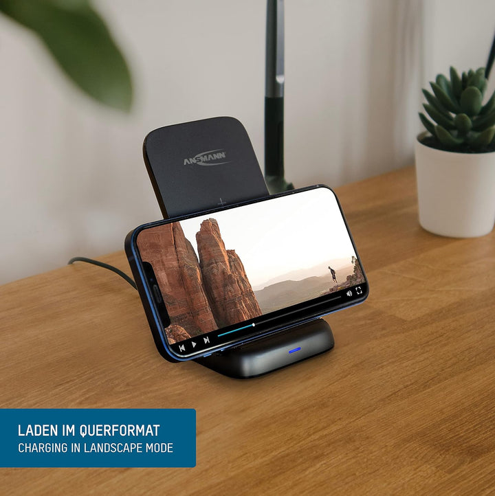 ANSMANN kabelloses Ladegerät 15W Qi-zertifizierter Wireless Charger, 3-Spulen Ladestation (vertikal,