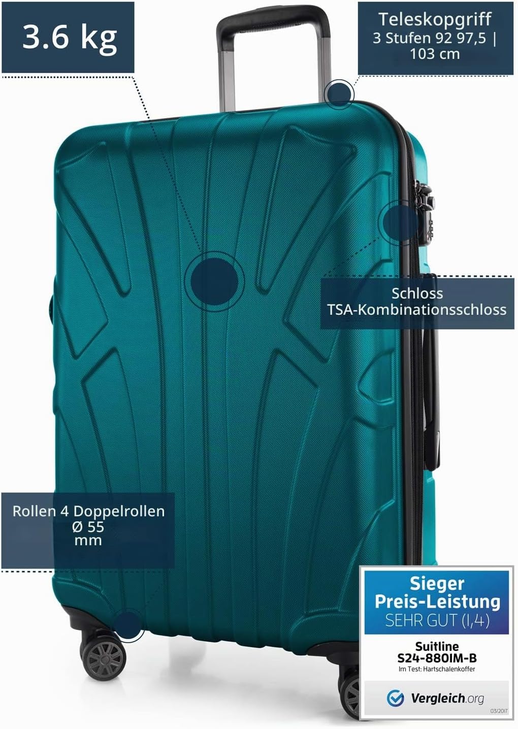 suitline - Mittelgro√üer Koffer, TSA, 66cm, Gr√∂√üe M, Aquagr√ºn Aquagrün 66 cm, Aquagrün 66 cm