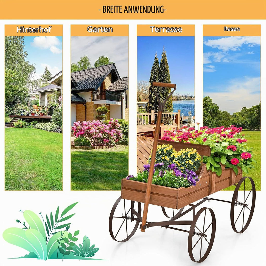 RELAX4LIFE Blumenständer mit 4 Rädern aus Metall, Pflanzwagen aus Massivholz, Holzwagen bis zu 15 kg